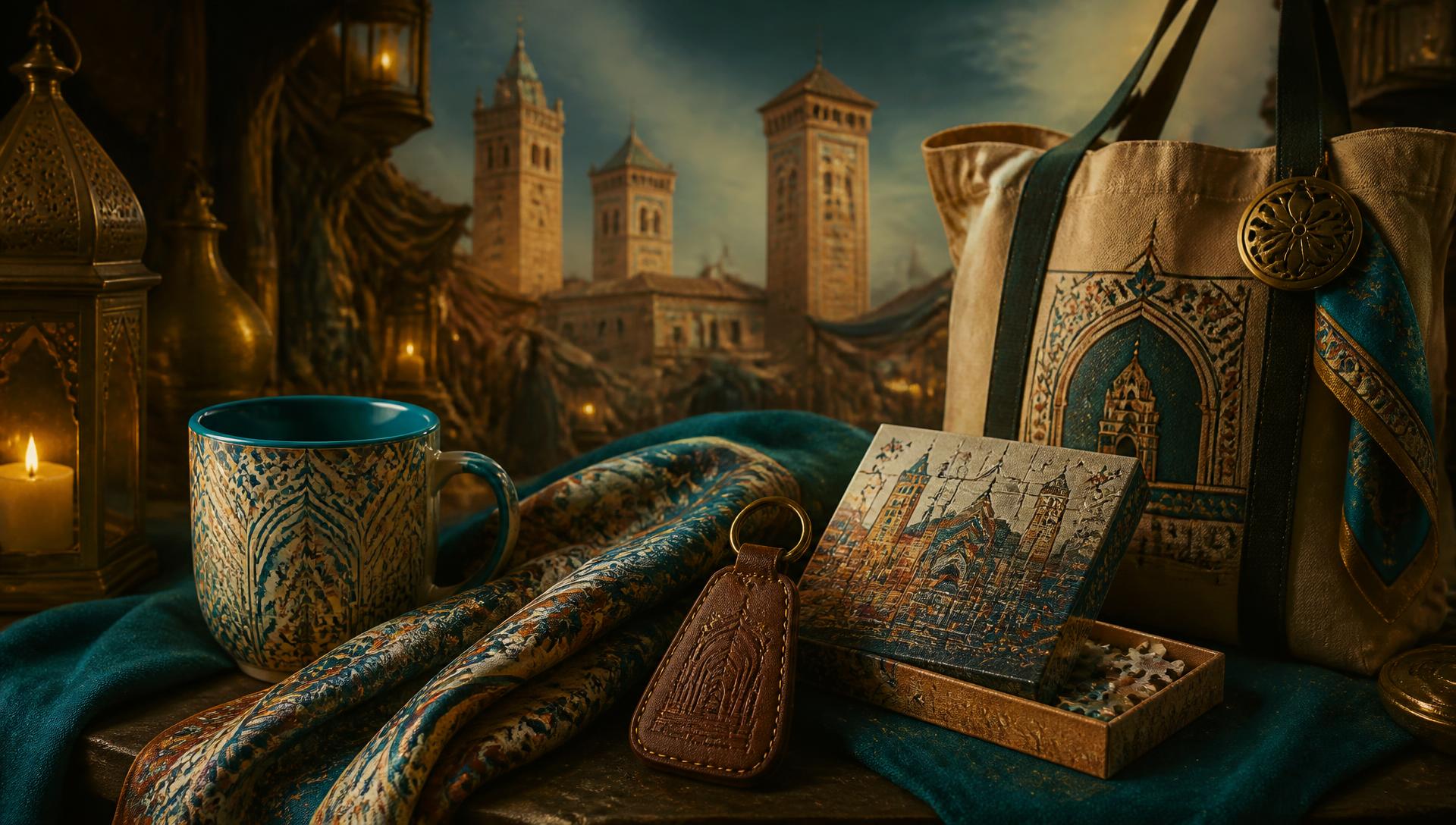Mercadería medieval de Teruel: taza, pañuelo, llavero, puzzle y bolso con la ciudad al fondo